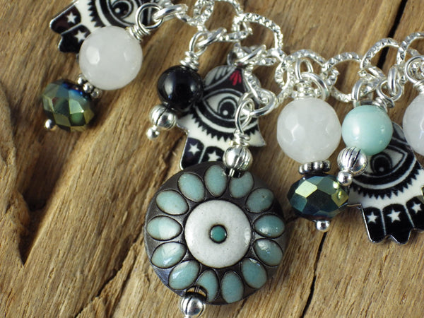 Evil Eye Charm Bracelet, Pagan Protection Jewellery, Loaded Crystal Gemstone Bracelet, Handmade Wiccan Gift Silver Plated, UK Shop