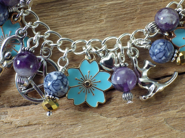 Freya Charm Bracelet, Pagan Norse Goddess Loaded Gemstone Bracelet, Wiccan Spiritual Gift, Handmade Silver Plated Wiccan Jewellery UK Shop