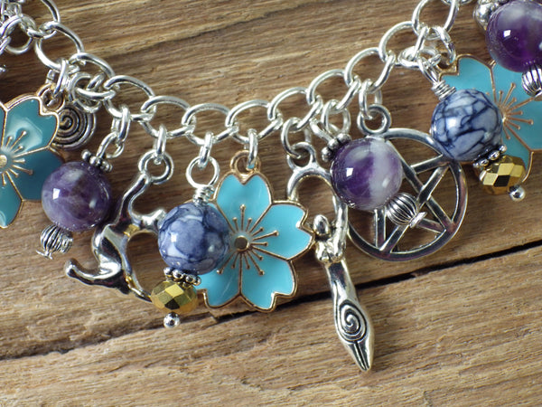 Freya Charm Bracelet, Pagan Norse Goddess Loaded Gemstone Bracelet, Wiccan Spiritual Gift, Handmade Silver Plated Wiccan Jewellery UK Shop