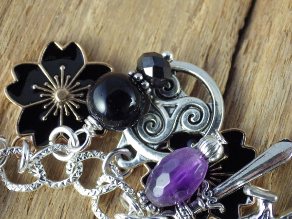 Morrigan Charm Bracelet, Pagan Crow Goddess Loaded Gemstone Bracelet, Wiccan Spiritual Gift, Handmade Silver Plated Wiccan Jewellery UK Shop