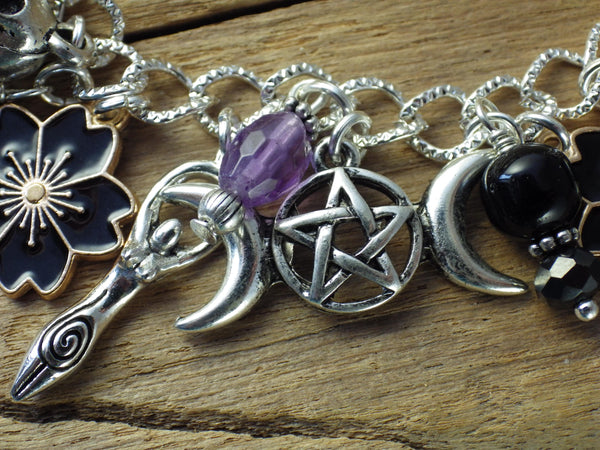 Morrigan Charm Bracelet, Pagan Crow Goddess Loaded Gemstone Bracelet, Wiccan Spiritual Gift, Handmade Silver Plated Wiccan Jewellery UK Shop