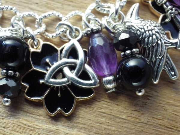 Morrigan Charm Bracelet, Pagan Crow Goddess Loaded Gemstone Bracelet, Wiccan Spiritual Gift, Handmade Silver Plated Wiccan Jewellery UK Shop