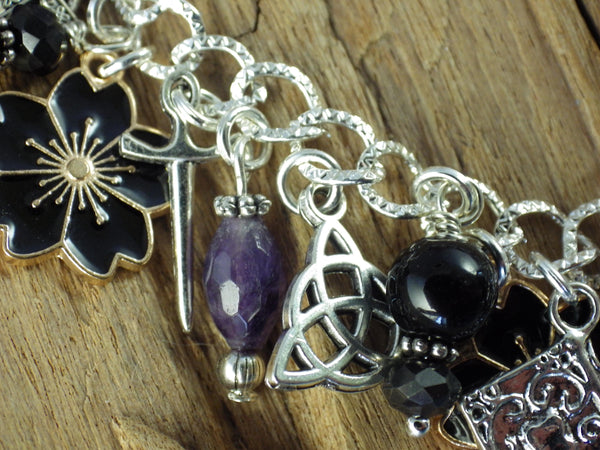 Morrigan Charm Bracelet, Pagan Crow Goddess Loaded Gemstone Bracelet, Wiccan Spiritual Gift, Handmade Silver Plated Wiccan Jewellery UK Shop