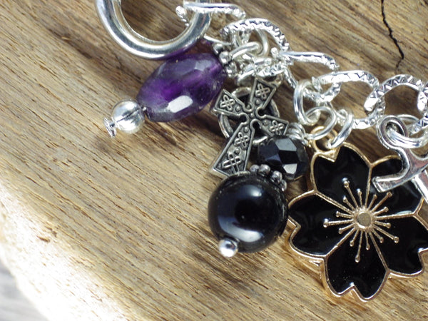 Morrigan Charm Bracelet, Pagan Crow Goddess Loaded Gemstone Bracelet, Wiccan Spiritual Gift, Handmade Silver Plated Wiccan Jewellery UK Shop