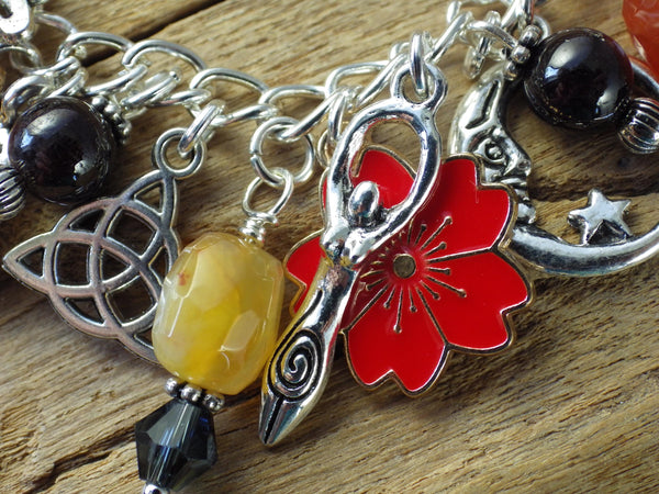 Cerridwen Pagan Charm Bracelet, Celtic Goddess Loaded Gemstone Bracelet, Spiritual Gift, Handmade Silver Plated Wiccan Jewellery UK Shop