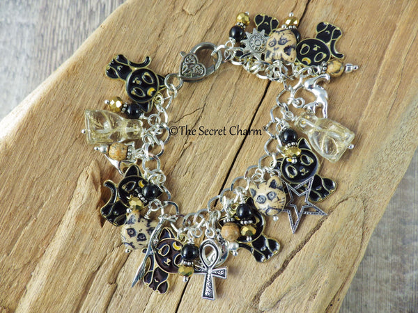 Cat Charm Bracelet, Egyptian Goddess Bast Bastet Loaded Gemstone Bracelet, Spiritual Gift, Handmade Silver Plated Wiccan Jewellery UK Shop