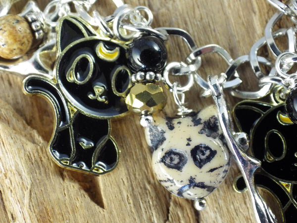 Cat Charm Bracelet, Egyptian Goddess Bast Bastet Loaded Gemstone Bracelet, Spiritual Gift, Handmade Silver Plated Wiccan Jewellery UK Shop