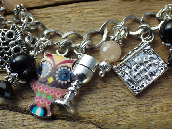 Owl Charm Bracelet, Greek Goddess Athena Loaded Gemstone Bracelet, Spiritual Gift, Handmade Silver Plated Wiccan Jewellery, UK Seller Shop