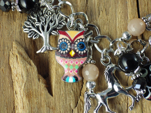 Owl Charm Bracelet, Greek Goddess Athena Loaded Gemstone Bracelet, Spiritual Gift, Handmade Silver Plated Wiccan Jewellery, UK Seller Shop