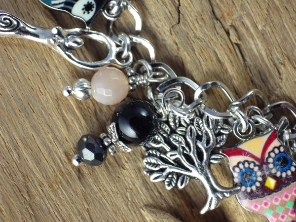 Owl Charm Bracelet, Greek Goddess Athena Loaded Gemstone Bracelet, Spiritual Gift, Handmade Silver Plated Wiccan Jewellery, UK Seller Shop