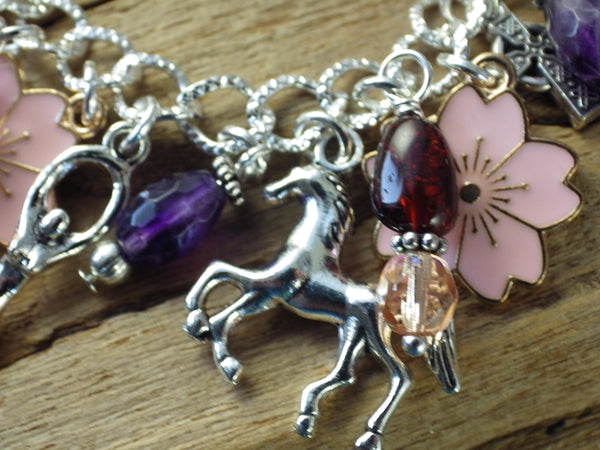 Rhiannon Charm Bracelet, Goddess Epona Loaded Gemstone Bracelet, Wicca Spiritual Gift, Handmade Silver Plated Wiccan Jewellery UK Shop