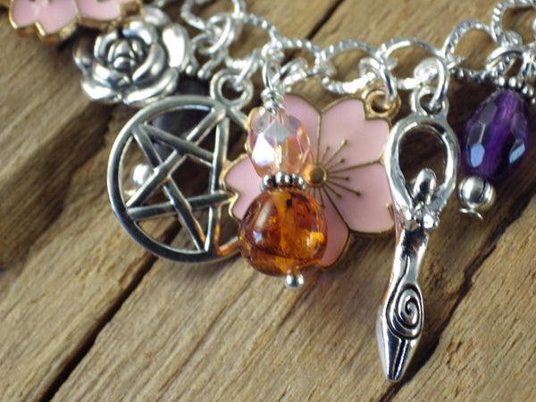 Rhiannon Charm Bracelet, Goddess Epona Loaded Gemstone Bracelet, Wicca Spiritual Gift, Handmade Silver Plated Wiccan Jewellery UK Shop