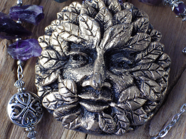 Green Man Dowsing Pendulum, Wiccan Scrying Tool, Pagan Divination Pendulum, Witchy Amethyst Gemstone Pendant, Witchcore Gift, UK Shop Seller