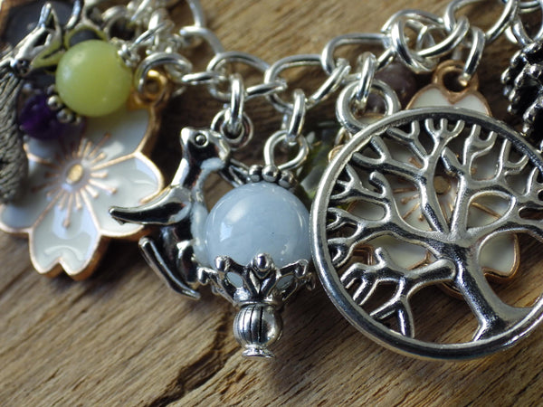 Elen Of The Ways Pagan Charm Bracelet, Nature Green Woman Loaded Bracelet, Handmade Wiccan Jewellery, Floral Gift, Silver Plated, UK Shop