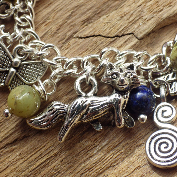 Spirits Of The Forest Elven Charm Bracelet, Handmade Pagan Gemstone Jewelry, Lapis Lazuli & Peridot, Hare Fox Wolf Silver Plated Nature Gift