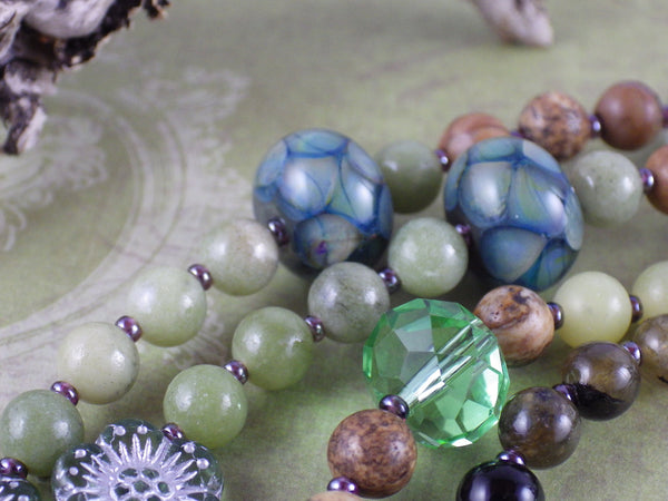 Green Woman Celtic Paidirean Sterling Rosary Necklace OOAK