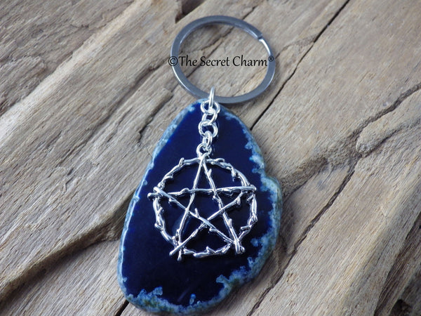 Blue Agate & Pentagram Keyring Keychain, Bag Charm