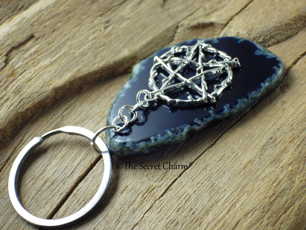 Blue Agate & Pentagram Keyring Keychain, Bag Charm