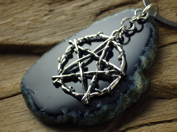 Blue Agate & Pentagram Keyring Keychain, Bag Charm