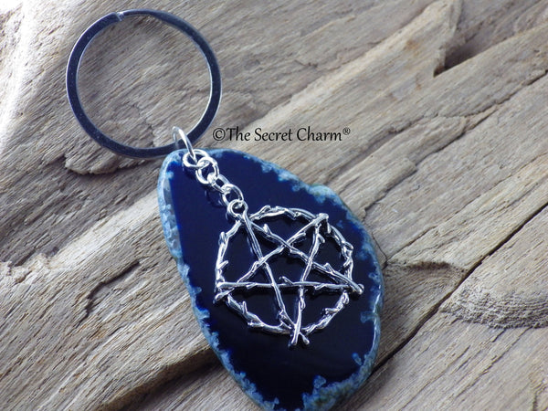 Blue Agate & Pentagram Keyring Keychain, Bag Charm