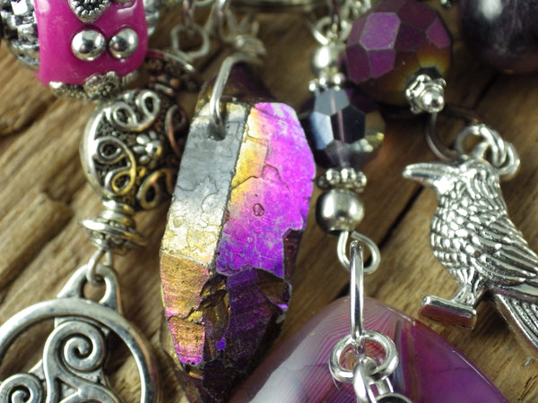 Morrigan Gemstone Bag Charm, Crow Goddess Keychain Keyring OOAK