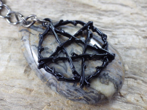 Pagan Black Pentagram Gemstone Keyring Keychain, Bag Charm