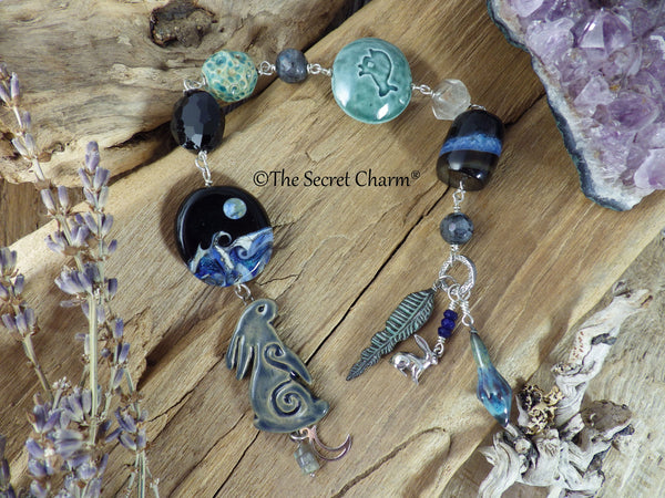 Sterling Silver & Sapphire Pagan Prayer Beads, Moon Gazing Hare OOAK