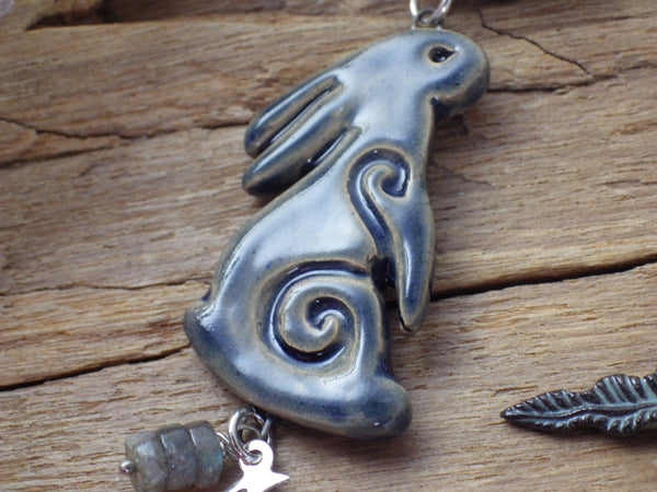 Sterling Silver & Sapphire Pagan Prayer Beads, Moon Gazing Hare OOAK