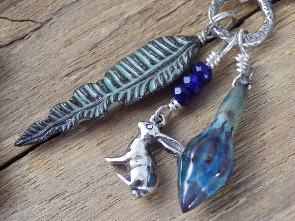 Sterling Silver & Sapphire Pagan Prayer Beads, Moon Gazing Hare OOAK