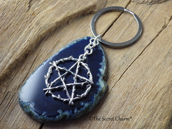 Blue Agate & Pentagram Keyring Keychain, Bag Charm