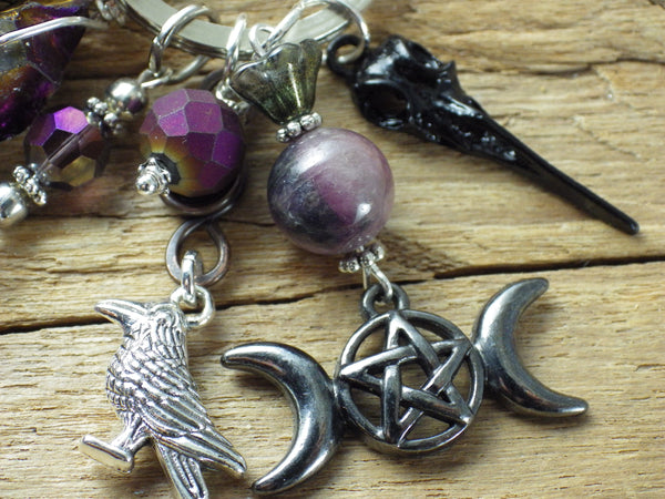 Morrigan Gemstone Bag Charm, Crow Goddess Keychain Keyring OOAK