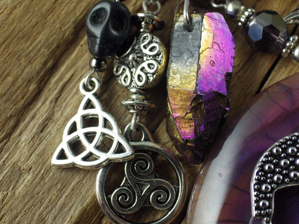 Morrigan Gemstone Bag Charm, Crow Goddess Keychain Keyring OOAK