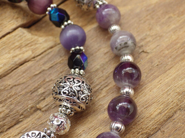 Wolf Spirit Pagan Prayer Beads, Handmade Protection Talisman, Wiccan Rosary Meditation Beads, Purple Amethyst Gemstone Mala Beads, UK Seller
