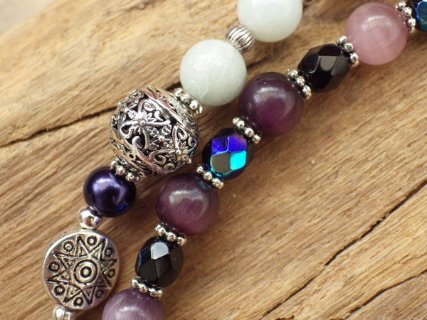 Wolf Spirit Pagan Prayer Beads, Handmade Protection Talisman, Wiccan Rosary Meditation Beads, Purple Amethyst Gemstone Mala Beads, UK Seller