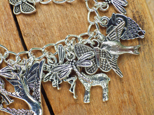 Animal Spirits Wiccan Charm Bracelet, Pagan Loaded Bracelet, Fox Wolf Hare Butterfly, Silver Plated Spiritual Nature Jewellery Gift