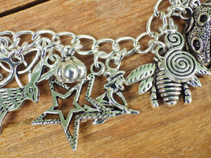 Pagan Wiccan Witch's Charm Bracelet, Loaded Bracelet, Goddess, Pentagram, Hare, Wolf, Witchy Gift, Silver Plated Pagan Jewellery