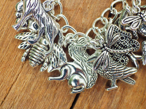 Animal Spirits Wiccan Charm Bracelet, Pagan Loaded Bracelet, Fox Wolf Hare Butterfly, Silver Plated Spiritual Nature Jewellery Gift