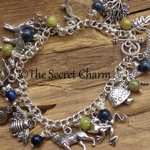 Spirits Of The Forest Elven Charm Bracelet, Handmade Pagan Gemstone Jewelry, Lapis Lazuli & Peridot, Hare Fox Wolf Silver Plated Nature Gift