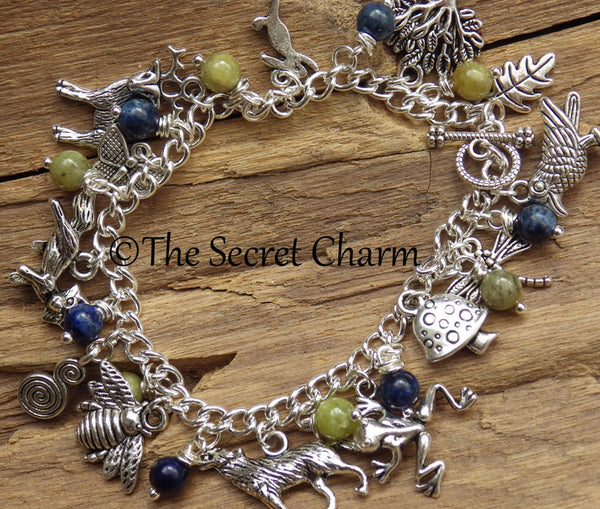 Spirits Of The Forest Elven Charm Bracelet, Handmade Pagan Gemstone Jewelry, Lapis Lazuli & Peridot, Hare Fox Wolf Silver Plated Nature Gift