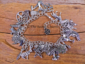 Pagan Wiccan Witch's Charm Bracelet, Loaded Bracelet, Goddess, Pentagram, Hare, Wolf, Witchy Gift, Silver Plated Pagan Jewellery