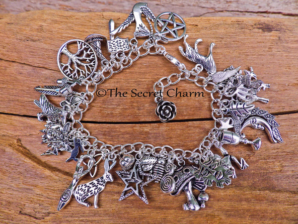 Pagan Wiccan Witch's Charm Bracelet, Loaded Bracelet, Goddess, Pentagram, Hare, Wolf, Witchy Gift, Silver Plated Pagan Jewellery