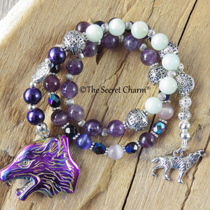 Wolf Spirit Pagan Prayer Beads, Handmade Protection Talisman, Wiccan Rosary Meditation Beads, Purple Amethyst Gemstone Mala Beads, UK Seller