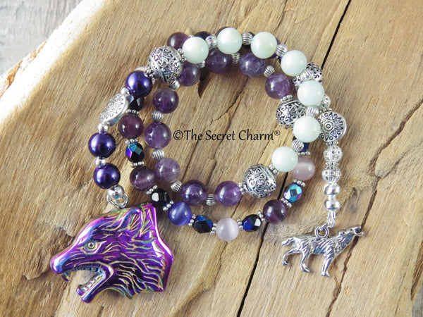 Wolf Spirit Pagan Prayer Beads, Handmade Protection Talisman, Wiccan Rosary Meditation Beads, Purple Amethyst Gemstone Mala Beads, UK Seller