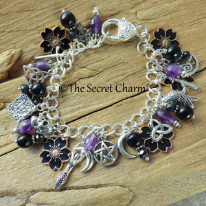 Morrigan Charm Bracelet, Pagan Crow Goddess Loaded Gemstone Bracelet, Wiccan Spiritual Gift, Handmade Silver Plated Wiccan Jewellery UK Shop