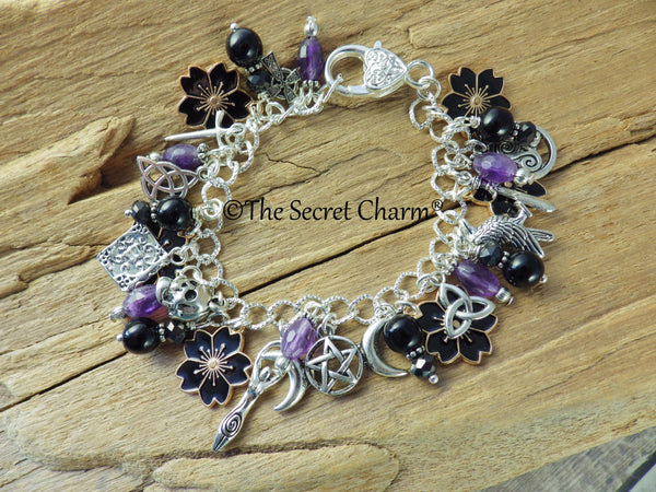 Morrigan Charm Bracelet, Pagan Crow Goddess Loaded Gemstone Bracelet, Wiccan Spiritual Gift, Handmade Silver Plated Wiccan Jewellery UK Shop