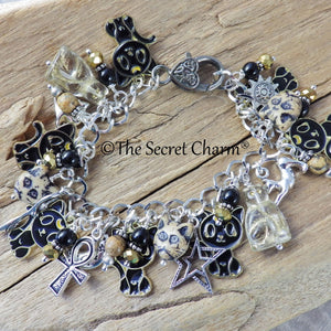 Cat Charm Bracelet, Egyptian Goddess Bast Bastet Loaded Gemstone Bracelet, Spiritual Gift, Handmade Silver Plated Wiccan Jewellery UK Shop