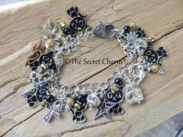Cat Charm Bracelet, Egyptian Goddess Bast Bastet Loaded Gemstone Bracelet, Spiritual Gift, Handmade Silver Plated Wiccan Jewellery UK Shop
