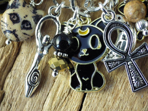 Cat Charm Bracelet, Egyptian Goddess Bast Bastet Loaded Gemstone Bracelet, Spiritual Gift, Handmade Silver Plated Wiccan Jewellery UK Shop
