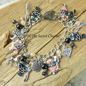 Owl Charm Bracelet, Greek Goddess Athena Loaded Gemstone Bracelet, Spiritual Gift, Handmade Silver Plated Wiccan Jewellery, UK Seller Shop