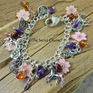 Rhiannon Charm Bracelet, Goddess Epona Loaded Gemstone Bracelet, Wicca Spiritual Gift, Handmade Silver Plated Wiccan Jewellery UK Shop